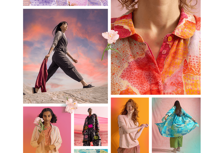 En kvinna som bär lager på lager av grå plagg från Gudrun Sjödén. 