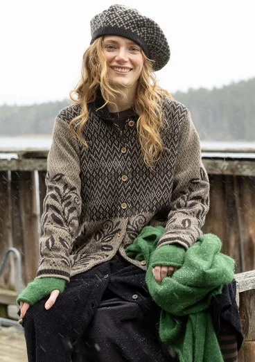 Långkofta "Nova Scotia" i lammull - svart kassis/mönstrad