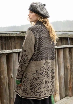 Långkofta "Nova Scotia" i lammull - svart kassis/mönstrad