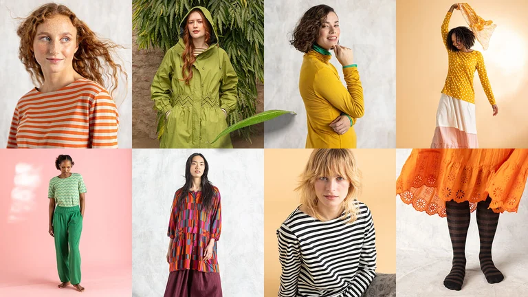 A collage of women wearing patterned and solid-colored clothing from Gudrun Sjödén.  