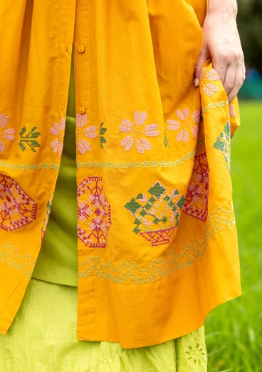 Mönstrad klänning "Cross" i ekologisk bomull - senap