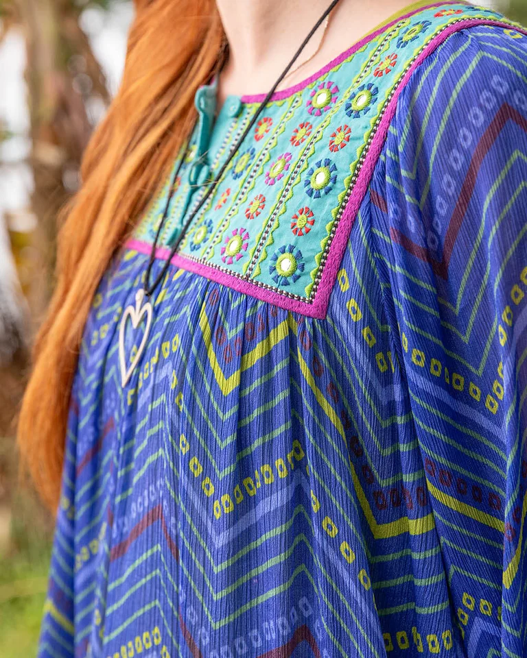 A closeup of an embroidered portion of a dress from Gudrun Sjödén. 