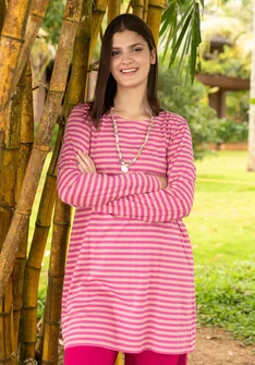 Randig trikåtunika i ekologisk bomull - rosa orkidé