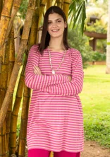 Randig trikåtunika i ekologisk bomull - rosa orkidé