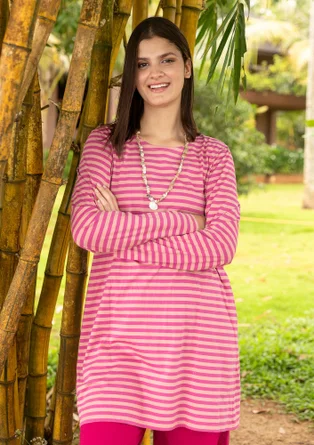 Randig trikåtunika i ekologisk bomull - rosa orkidé