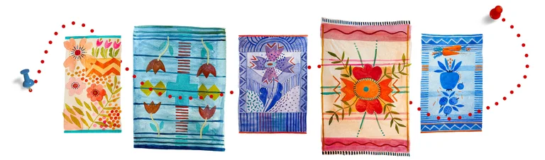 Five watercolour sketches by Gudrun Sjödén of blue, pink, orange and purple mats, connected by a red dotted line between two drawing pins.