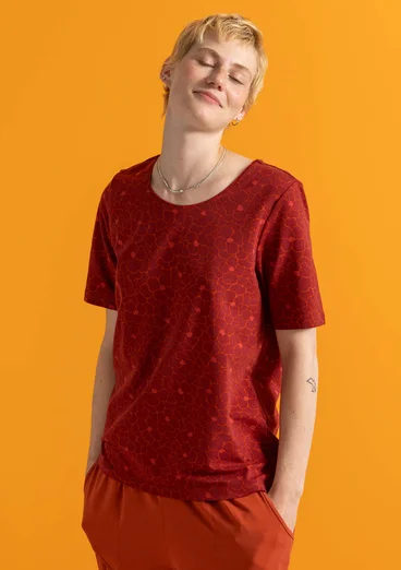 Trikåtop ”Theia” i ekologisk bomull/elastan - mörk agatröd/mönstrad
