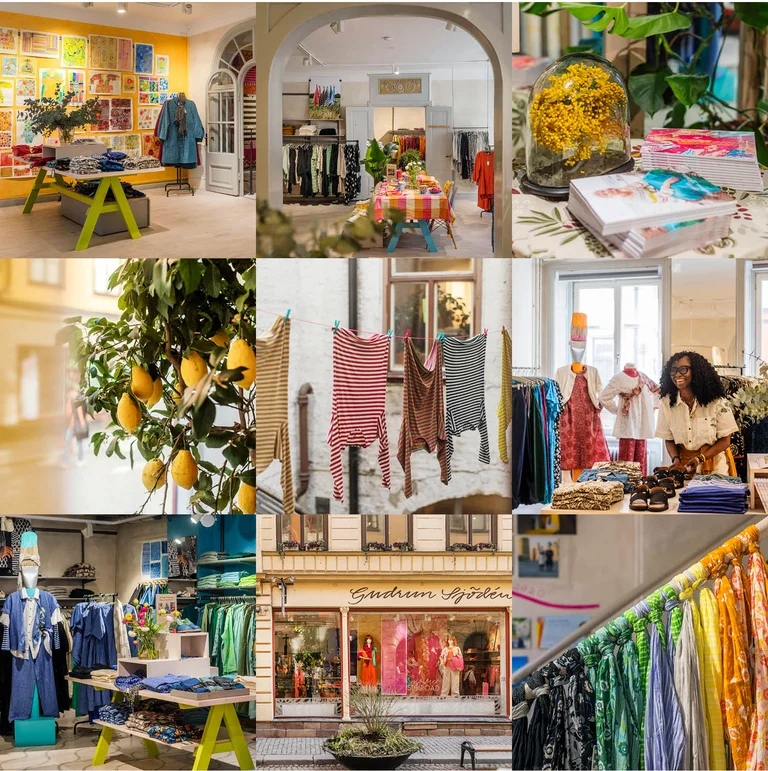 A collage of pictures from Gudrun Sjödén’s store on Stora Nygatan in Stockholm.