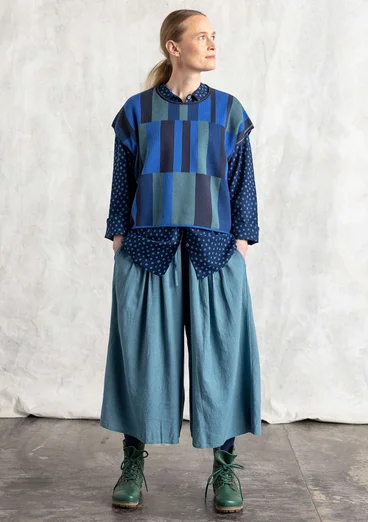 Stickad väst "Rut" i ekologisk/återvunnen bomull - indigoblå/ruta