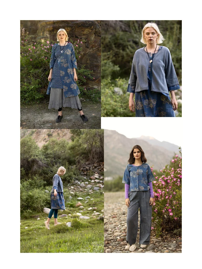 A collage of women wearing blue clothing from Gudrun Sjödén. 