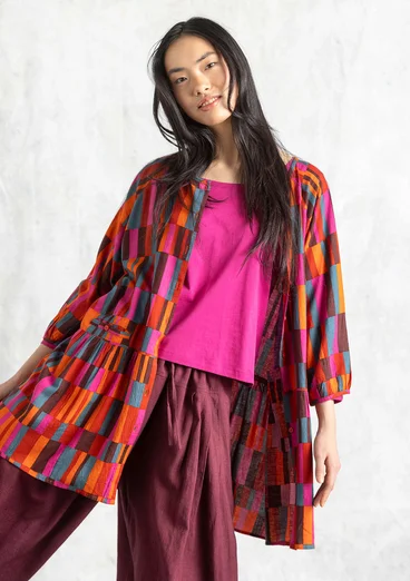 Vävd artistblus "Rut" i viskos/lin - papegojröd/mönstrad