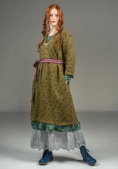 Vävd klänning "Bodil" i lin - eukalyptus/mönstrad