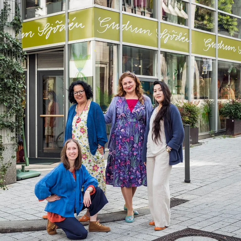 Women wearing colourful clothes from Gudrun Sjödén’s store in Stuttgart.